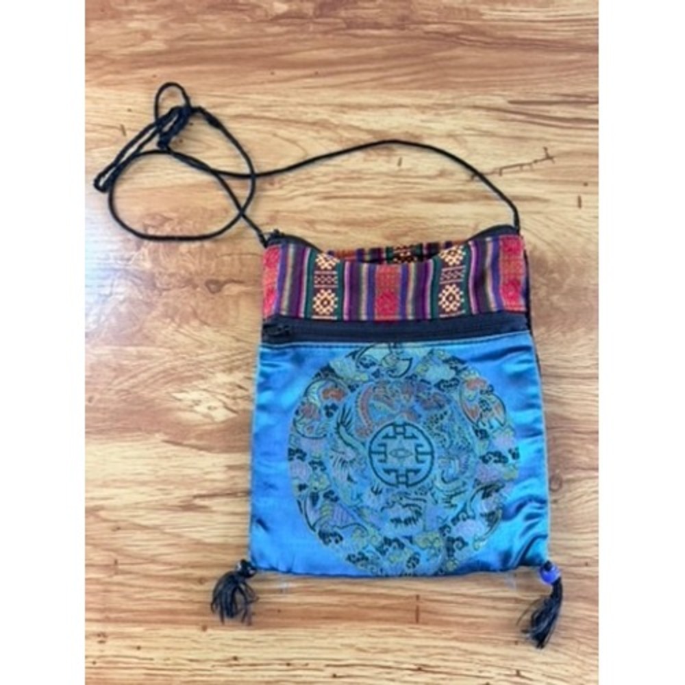 Embroidered Dragon Satin Crossbody Passport Bag Tassel Boho Turquoise Small
